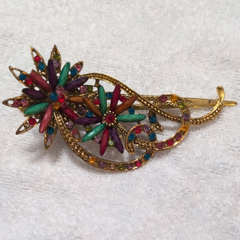 Vintage Art Deco Style Large Flower Rhinestone Hair Clip